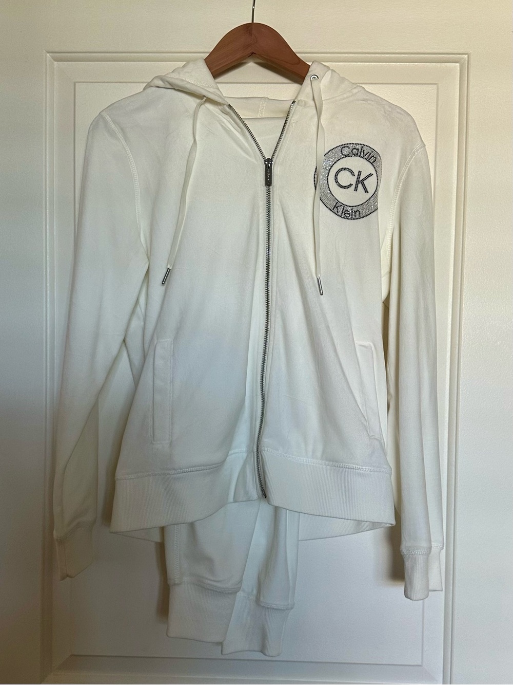 Calvin Klein White Velour Track Set Front Zip Hoodie and Pants
